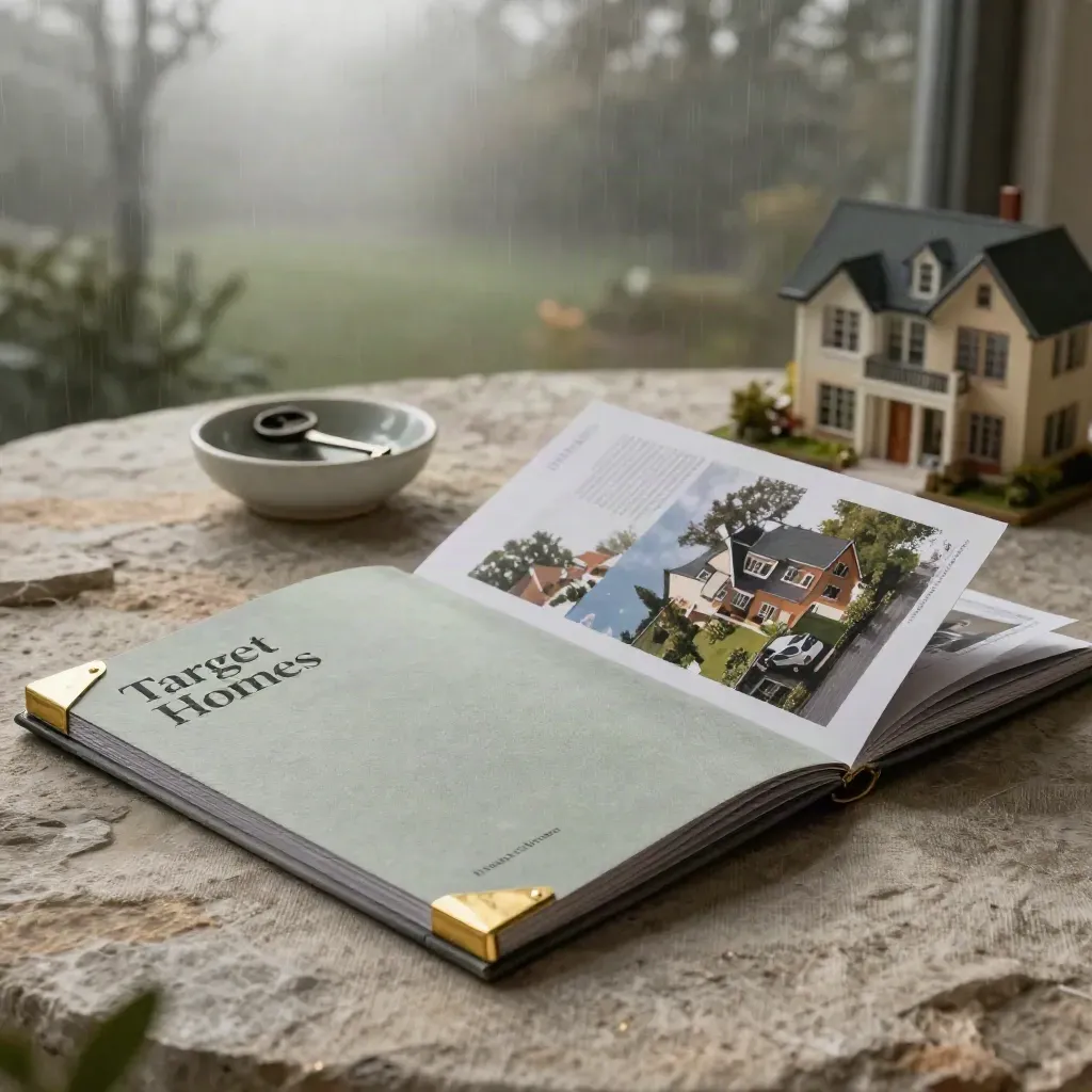 Premium buyer-match folio with cards, key bowl, and house model on stone and linen.