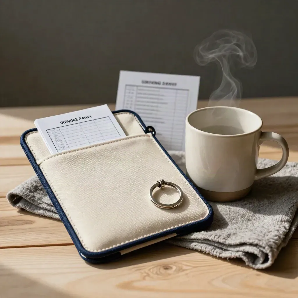 First-time buyer starter kit with folio, checklist cards, key ring and steaming mug on pale wood.