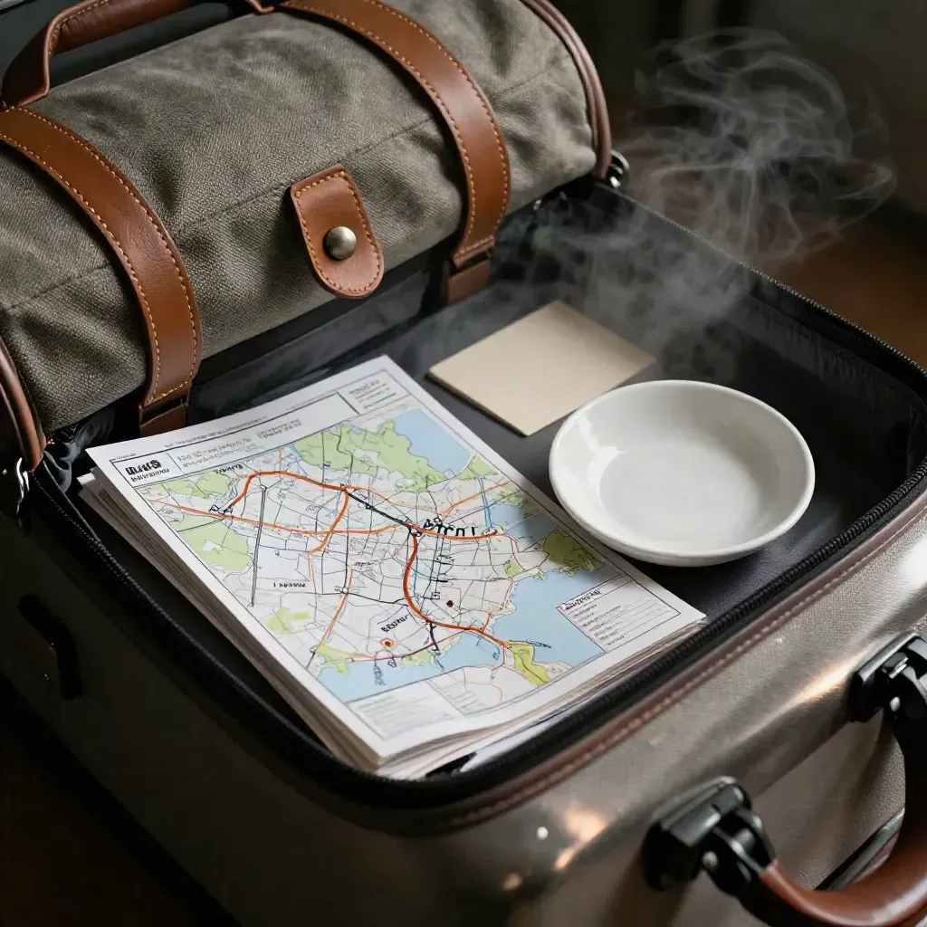 Canvas pouch, folded route map, ceramic key dish and luggage tag on brushed steel in dramatic studio light.