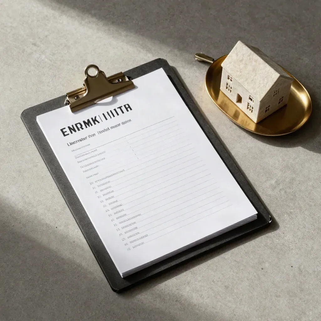 Flat lay of a dark folder, brass key tray, briefing cards and stone house model