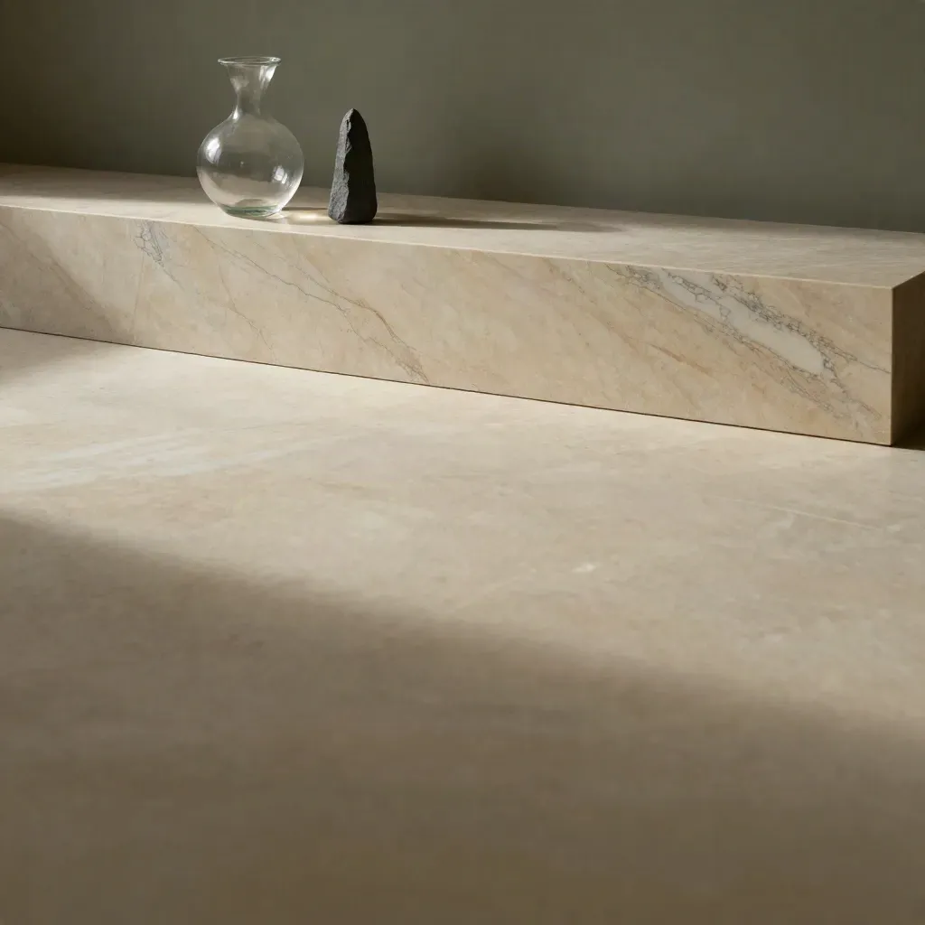 Sunlit limestone mantle with veined marble and glass vessel over calm neutral copy space.